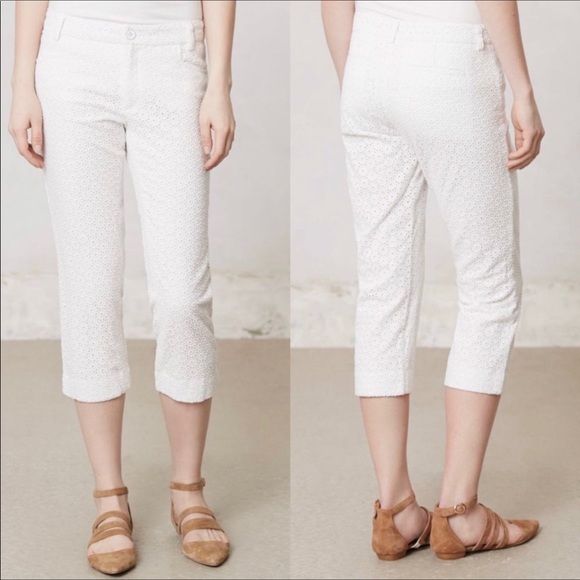 Anthropologie Cartonnier Charlie White Embroidered Eyelet Cropped Pant 8 - Picture 2 of 6